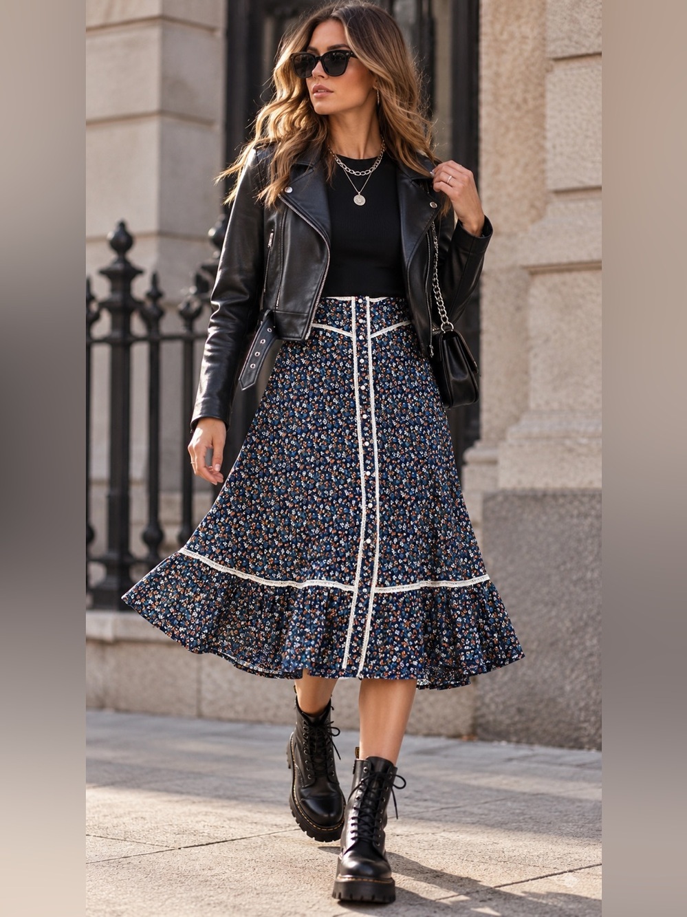Vintage Glensport Cottagecore Floral Midi Skirt with Contrast Trim - Navy